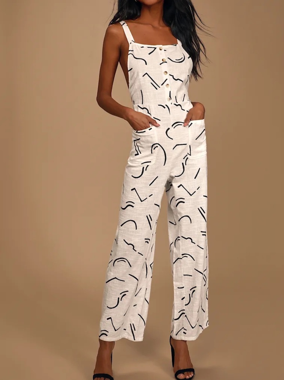 Billabong White Wide-Leg Printed Jumpsuit with Button Front